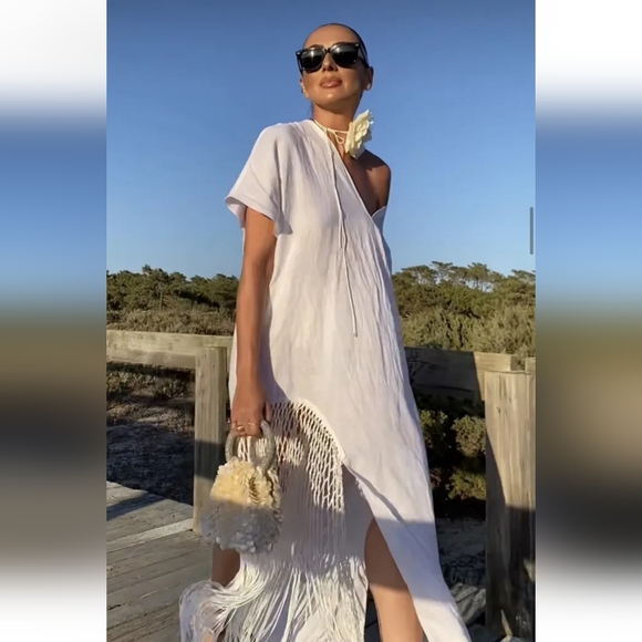 Zara 100% linen fringed macrame white dress Size M - Picture 10 of 17